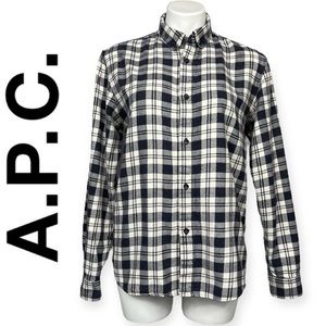 APC Plaid Flannel Shirt Cream Blue Cotton Silk Fleck Long Sleeve Button Front M